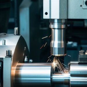The CNC lathe machine or turning machine cutting the thread at the end of metal pipe or tube. Modern manufacturing process