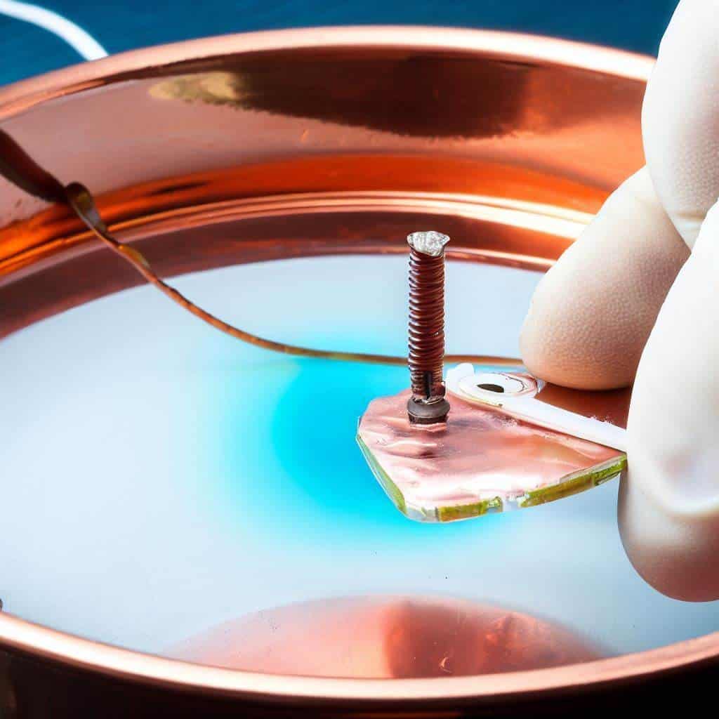 An object plated with copper sits in an electrolyte bath