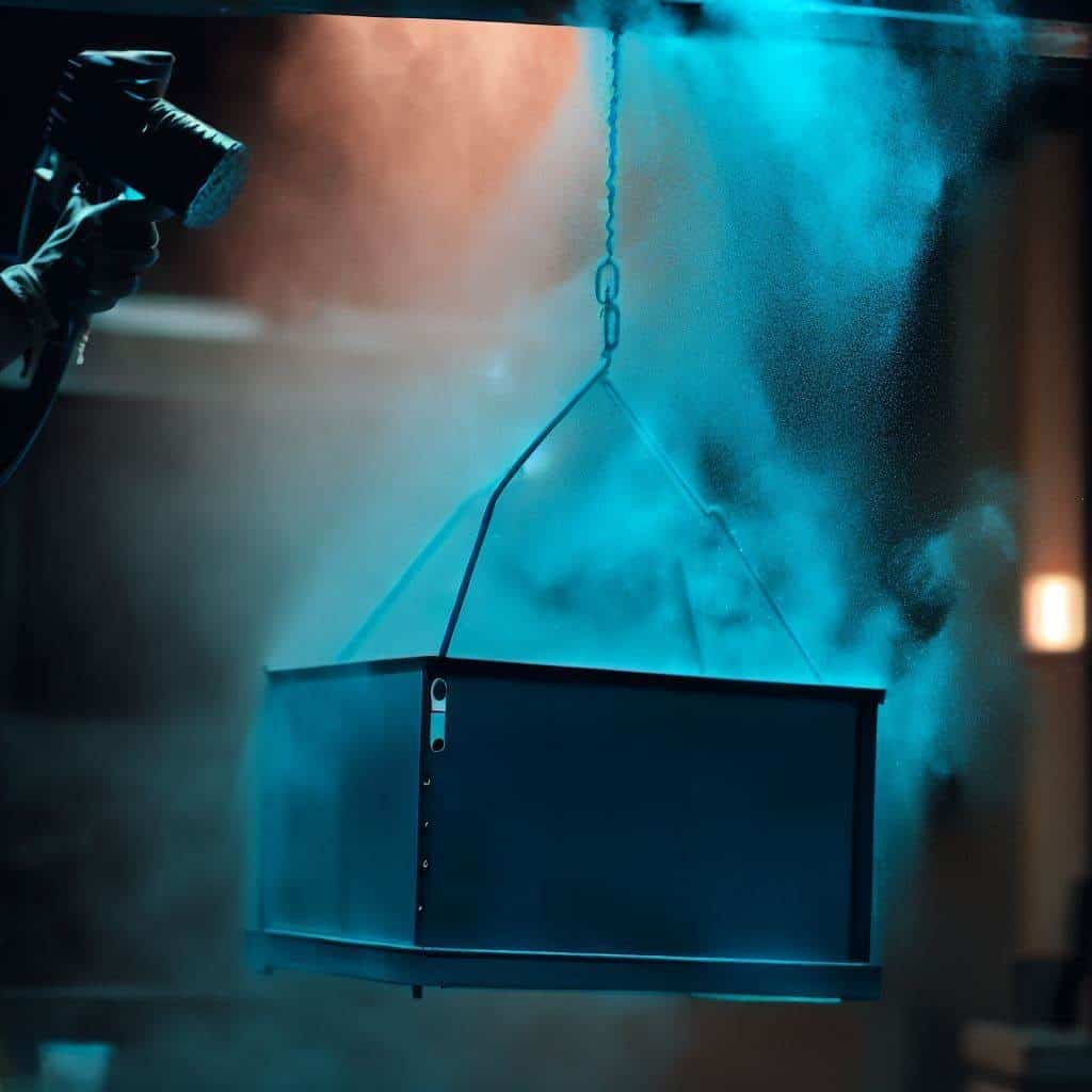 dry blue powder spraying on a hanging metal box