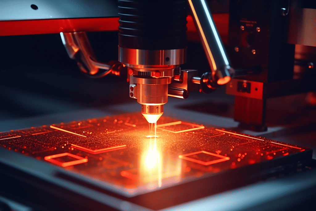 laser beam marking on a metal sheet with red spark.