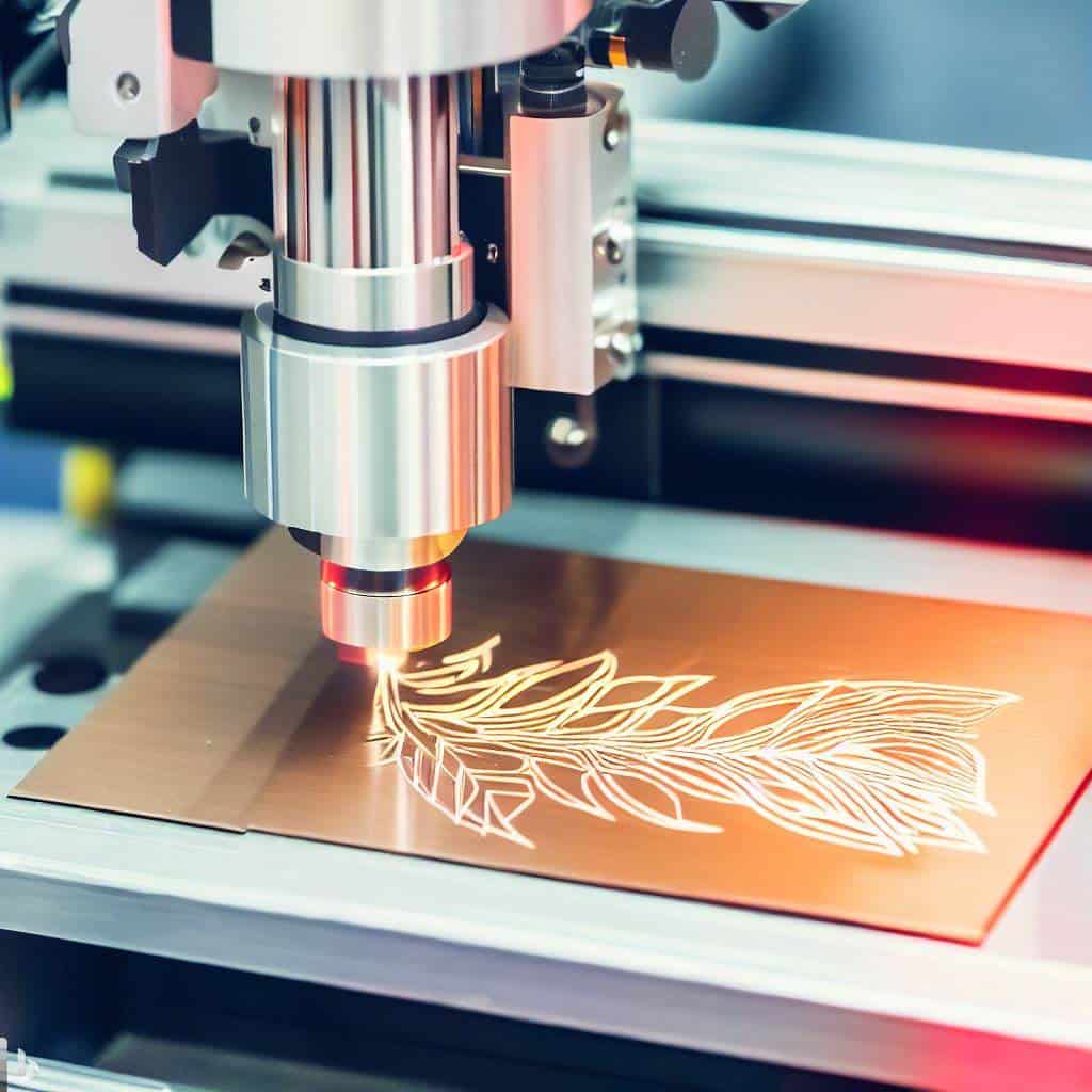 laser engraving a tree onto a brass metal sheet