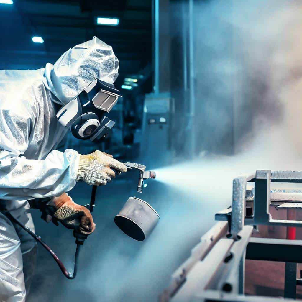 a working holding spraying gun powder coating on a component.