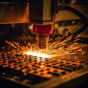 laser cutting a sheet metal, close up you can see the cutting structure of the plate.