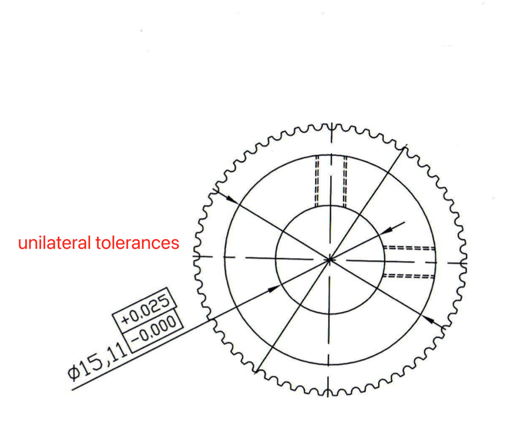 Unilateral Tolerances on a metal gear's drawing.