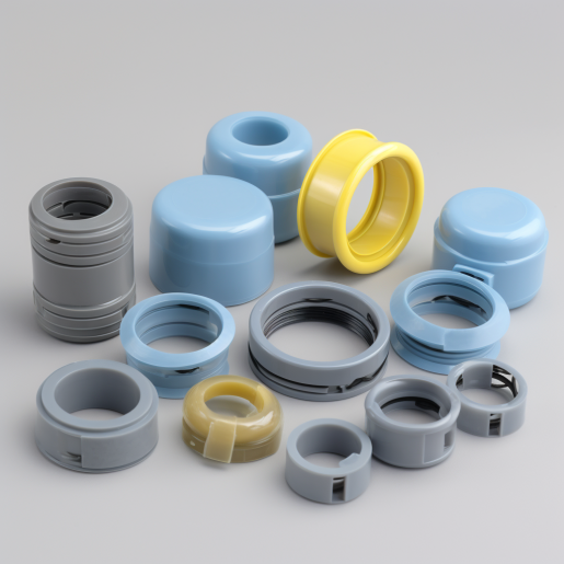 a grey plastic Annular Snap-Fit Joints, a light blue Annular Snap-Fit Joints, a yellow Annular Snap-Fit Joints