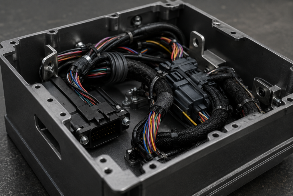 Dense ECU enclosure interior with harness bundles and grounding tabs