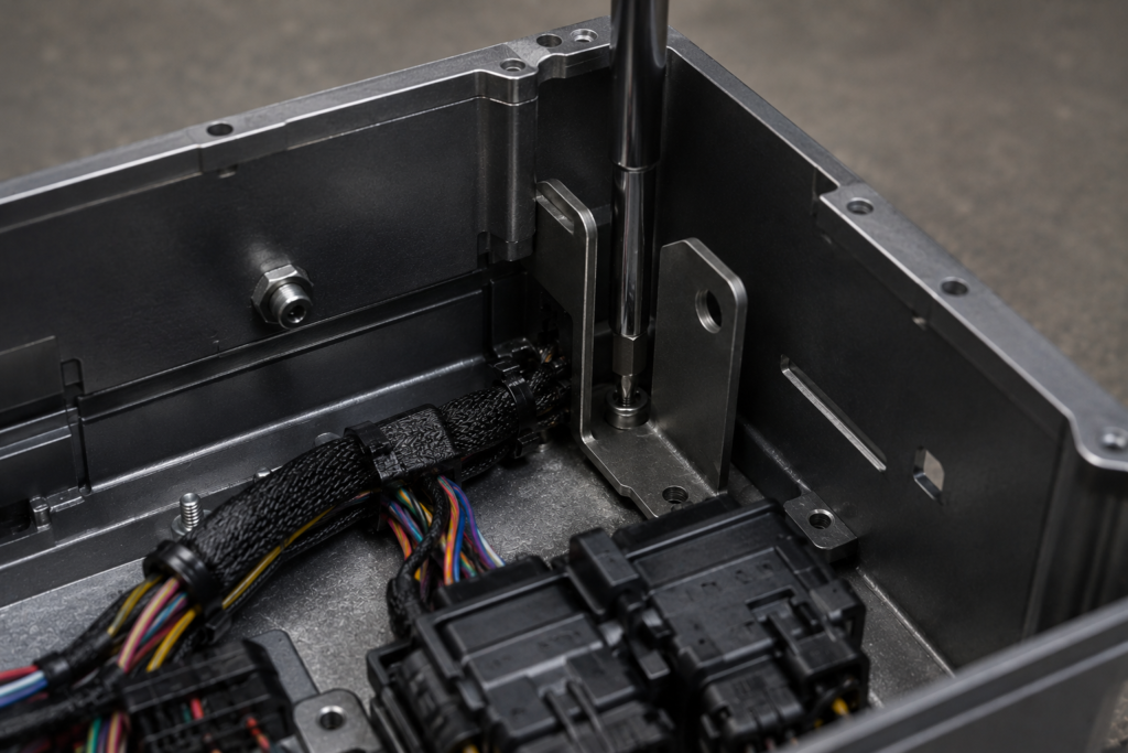 Technician tightening fastener inside tight ECU enclosure access area