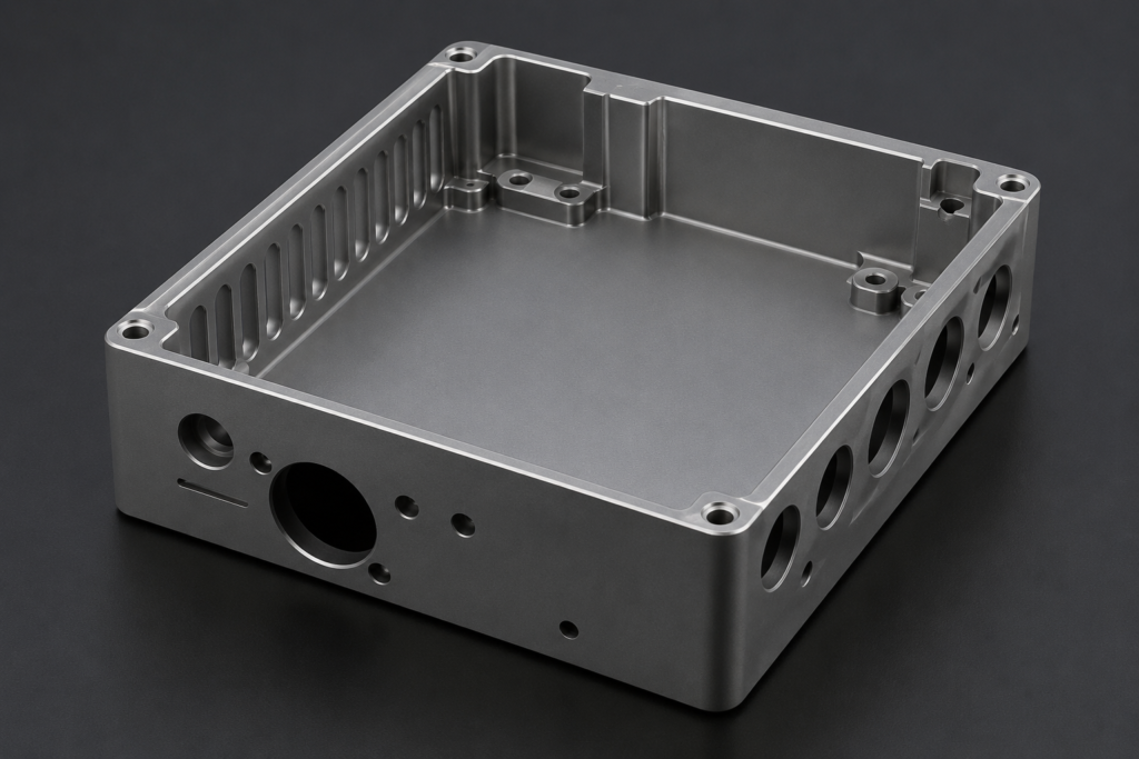 CNC-machined ECU enclosure with clean seam alignment