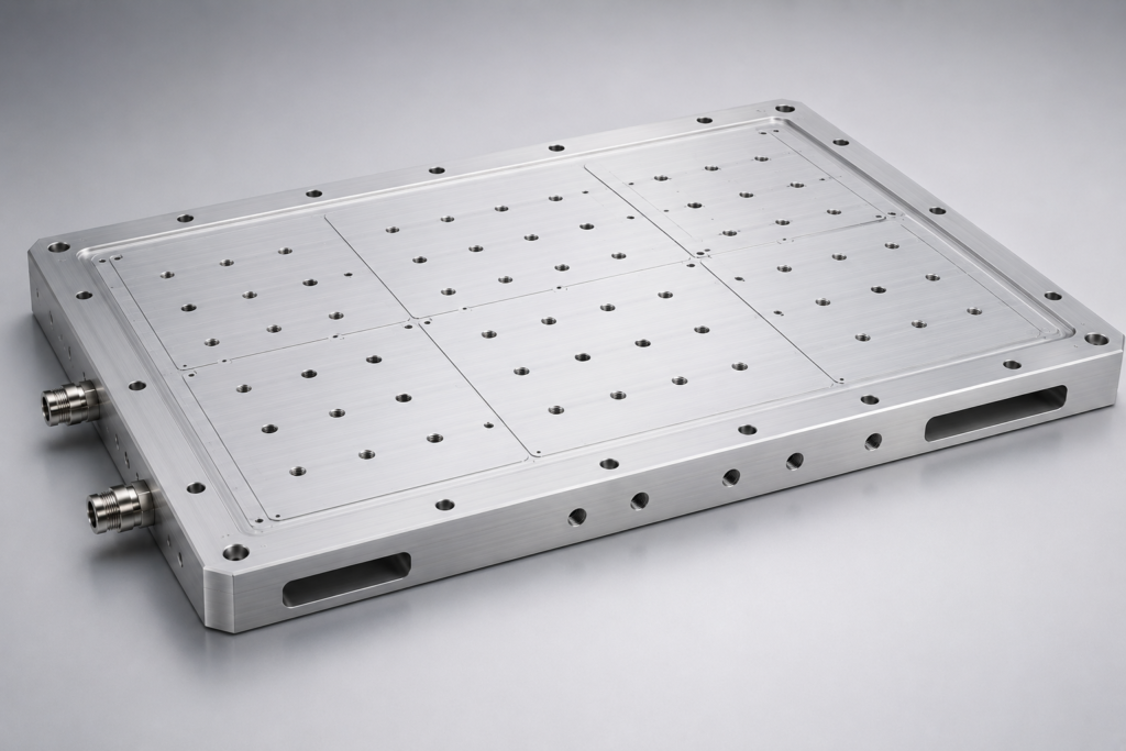 Custom machined multi-zone wafer vacuum fixture with integrated vacuum ports, precision mounting interfaces, and distributed vacuum regions for semiconductor handling applications.