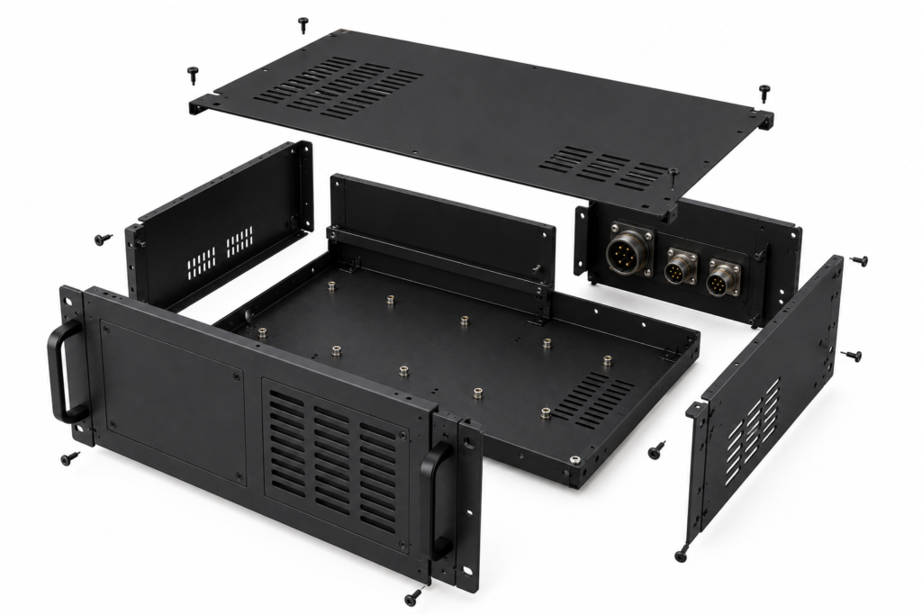 Disassembled black metal radar enclosure