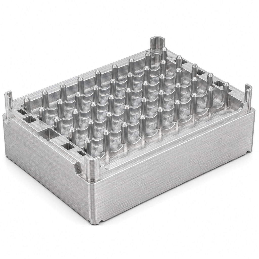 Machined aluminum lab fixture plate with precision grid geometry and CNC-machined surface finish