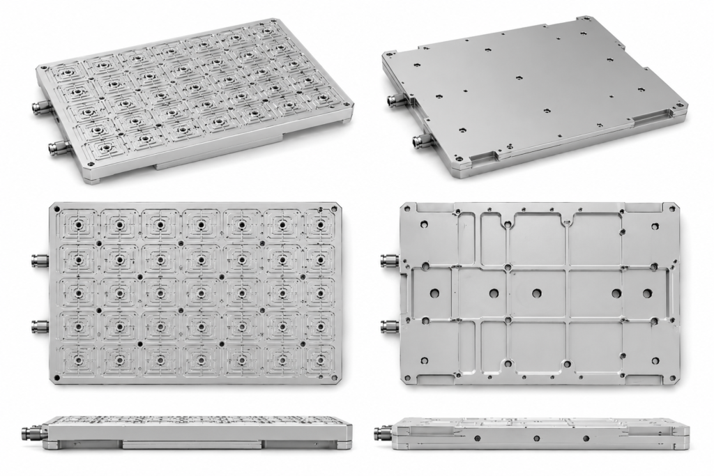 Custom machined wafer handling fixture plate with vacuum channels, locating features, and underside support pocketing shown from multiple manufacturing views.