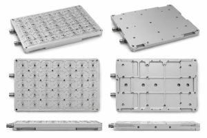 Custom machined wafer handling fixture plate with vacuum channels, locating features, and underside support pocketing shown from multiple manufacturing views.