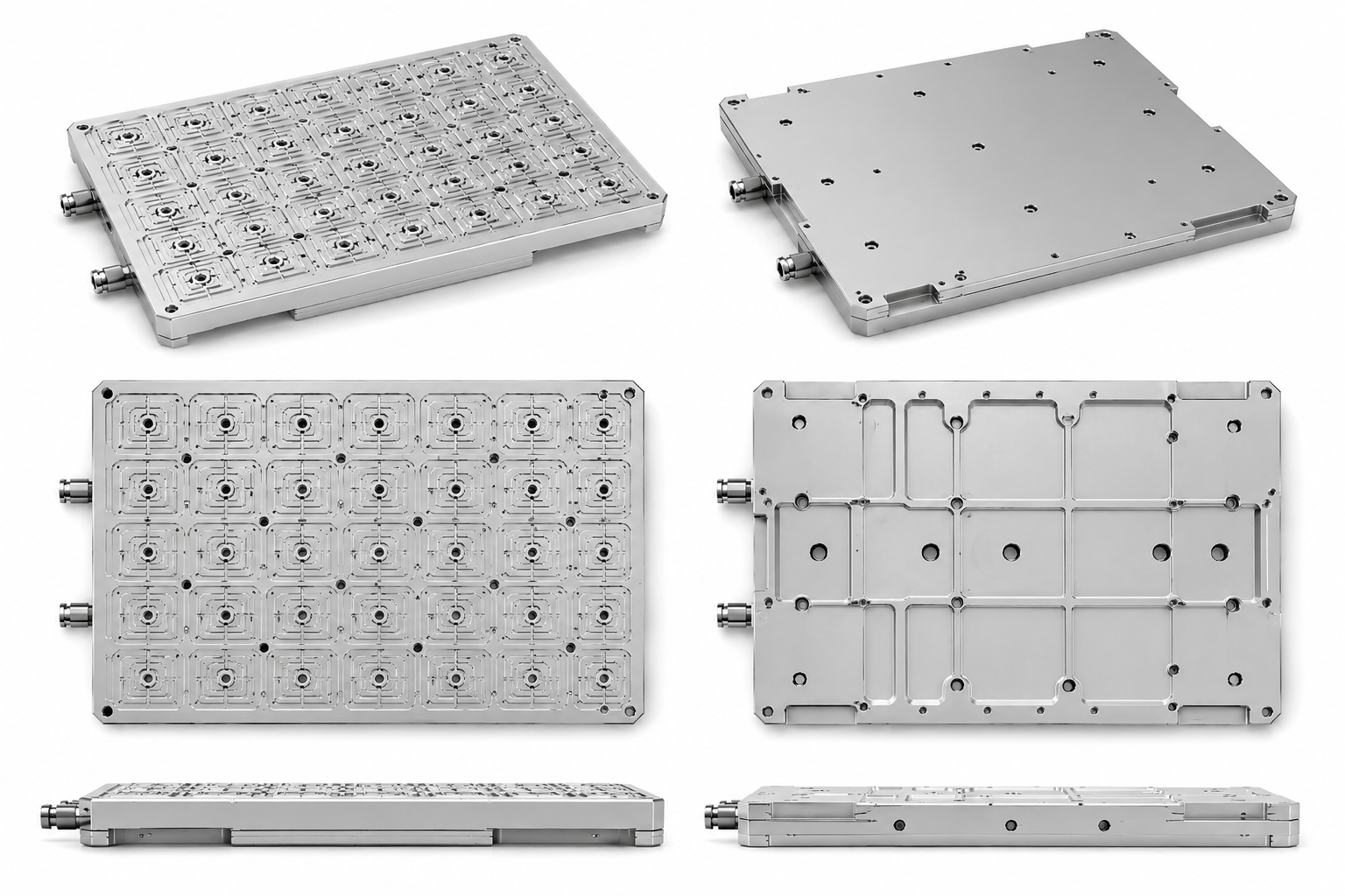 Custom machined wafer handling fixture plate with vacuum channels, locating features, and underside support pocketing shown from multiple manufacturing views.