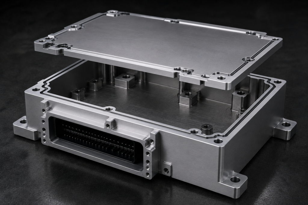 CNC-machined aluminum ECU enclosure with floating lid during fit-up validation