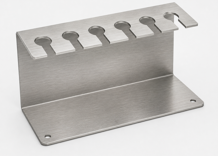 Custom Sheet Metal Pipette Rack Custom bent sheet metal pipette rack with precision-cut holding slots and brushed metal surface finish