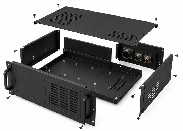 Disassembled black metal radar enclosure Disassembled black metal radar enclosure
