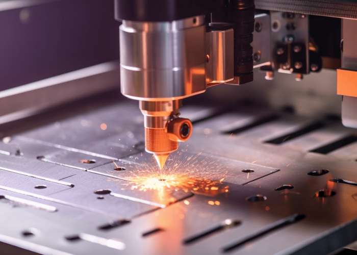 laser beam working process - cutting on a thick metal block.