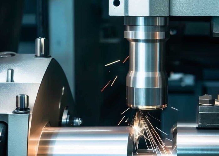The CNC lathe machine or turning machine cutting the thread at the end of metal pipe or tube. Modern manufacturing process