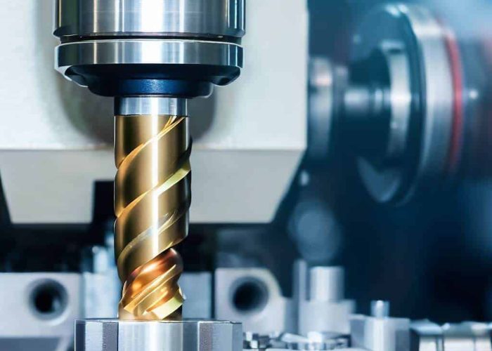 The multi-tasking CNC lathe machine swiss type tapping at the brass shaft .