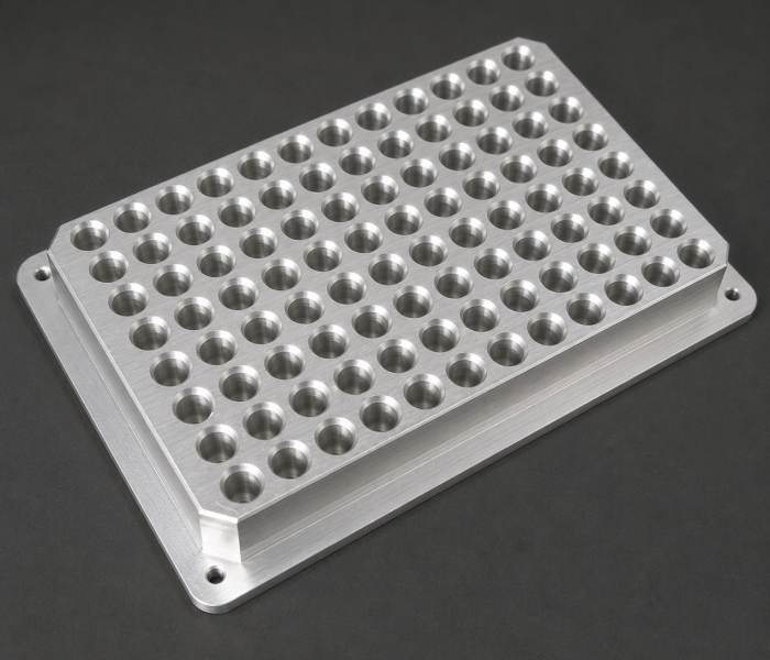 CNC Machined Thermal Adapter Plate Matte anodized aluminum thermal adapter plate with precision-machined cavity geometry for laboratory plate alignment applications