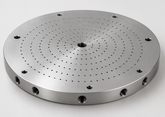 Custom machined circular vacuum chuck plate with precision vacuum hole pattern and threaded mounting ports for wafer handling applications.