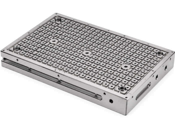 Custom Machined Vacuum Groove Fixture Plate Custom machined vacuum groove fixture plate with precision grid surface, mounting interfaces, and integrated vacuum distribution channels for wafer handling applications.