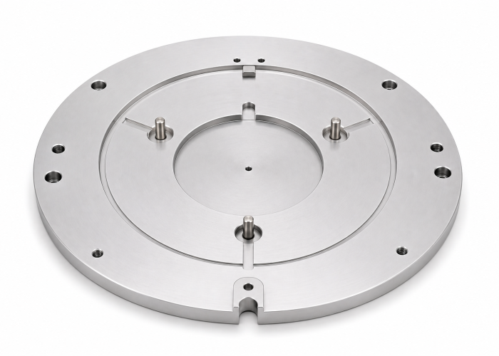 Custom machined wafer alignment plate with precision locating pins, concentric locating surfaces, and mounting interfaces for repeatable semiconductor positioning applications.