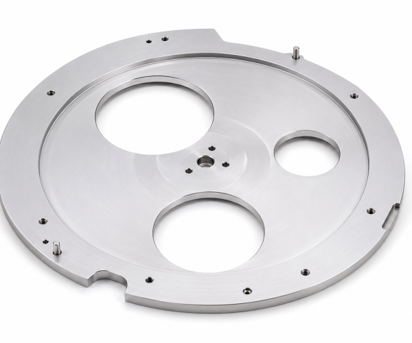 Custom machined circular wafer carrier plate with precision locating features, mounting holes, and large cutout regions for semiconductor handling applications.