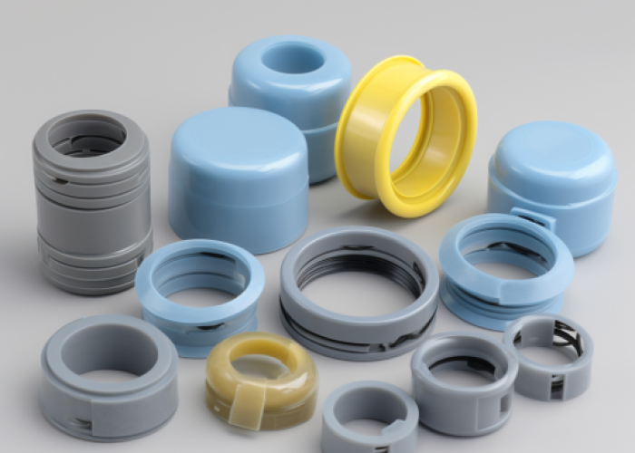 a grey plastic Annular Snap-Fit Joints, a light blue Annular Snap-Fit Joints, a yellow Annular Snap-Fit Joints
