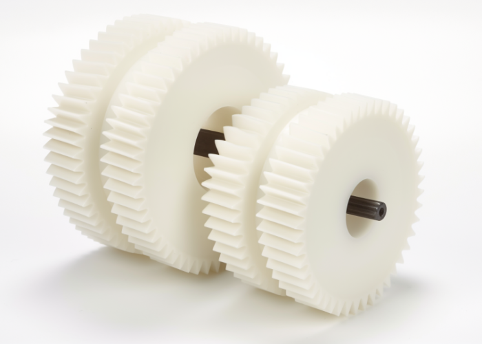 double spur gear, plastic, white, nylon.