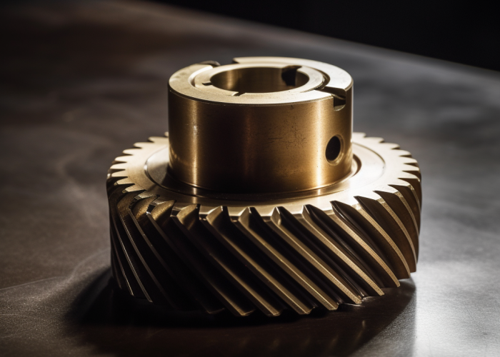 a brass helical gear on table