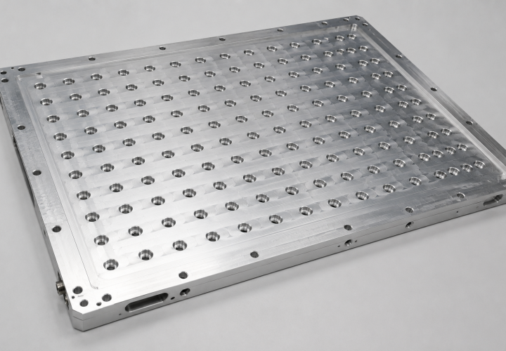 Custom machined large-format wafer support fixture with precision mounting holes, distributed vacuum interfaces, and flat machined support surface for semiconductor handling applications.