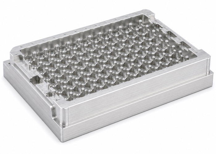 Matte anodized aluminum sample holder plate with precision-machined support pillars and CNC surface finish