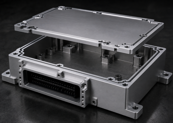 CNC-machined aluminum ECU enclosure with floating lid during fit-up validation