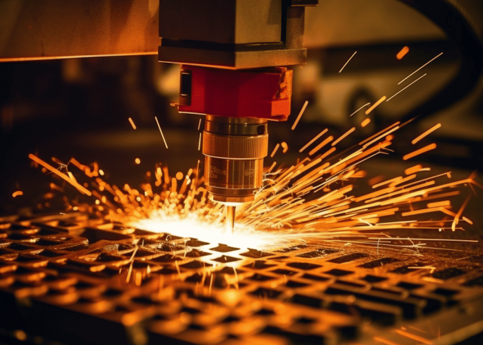 laser cutting a sheet metal, close up you can see the cutting structure of the plate.
